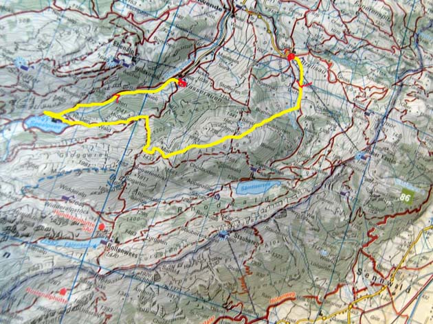 Route unserer Wanderung von Brlisau ber Alp Sigel nach Wasserauen